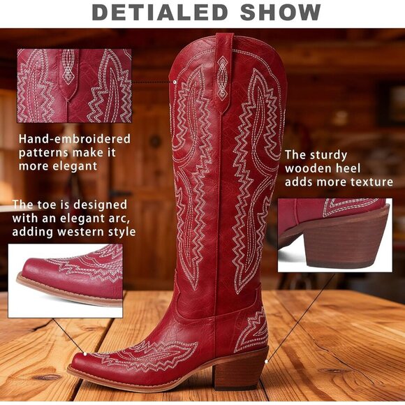 Women's Red Knee High Western Chunky Heel Slip On Zipper Square Toe Boots - Picture 4 of 6